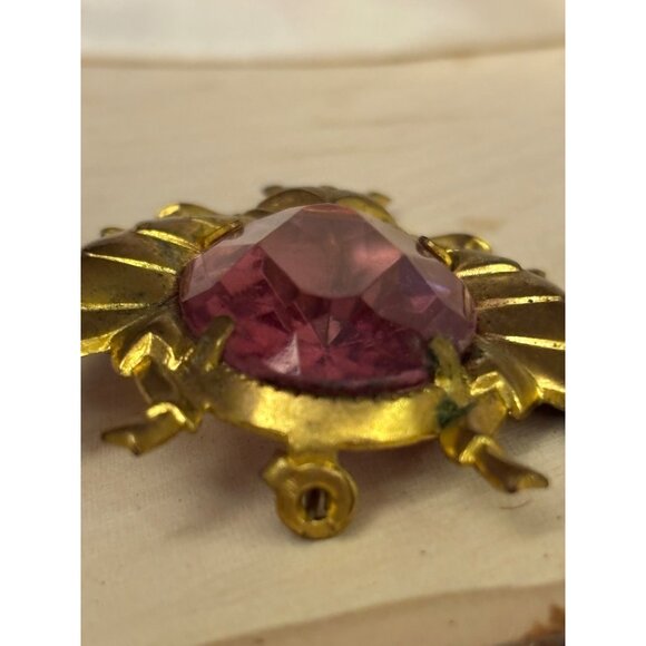 Vintage Gold-Tone Bug Beetle Brooch With Pink Gemstone Accent 1950s - Picture 3 of 10